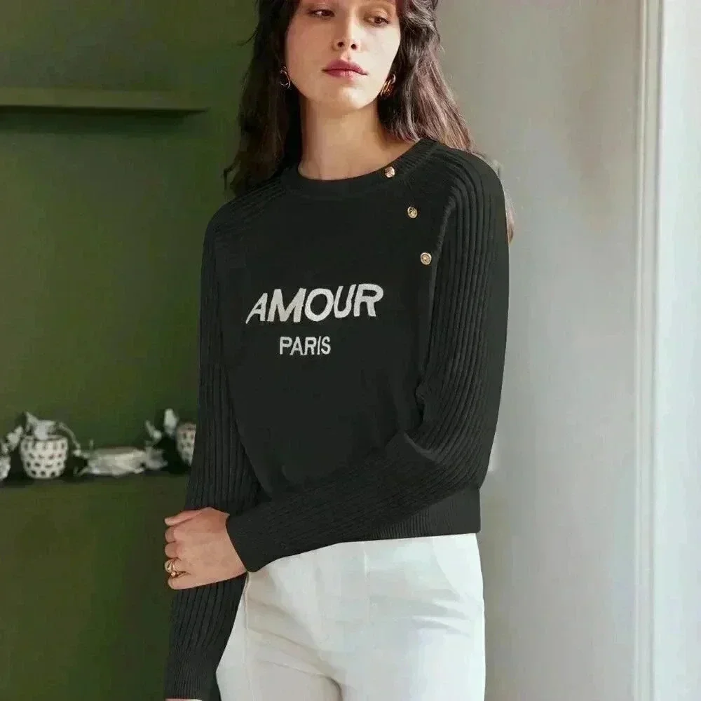 Black Preppy Womens Letter Graphic Button Detail Raglan Sleeve Sweater